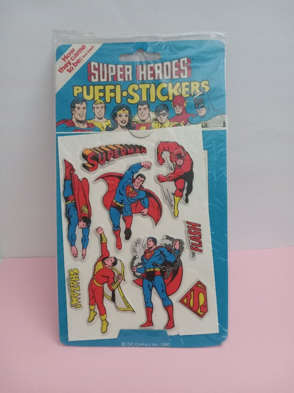 Vintage 1981 DC Comics Puffi Stickers Superman Flash Shazam Sealed Collectible